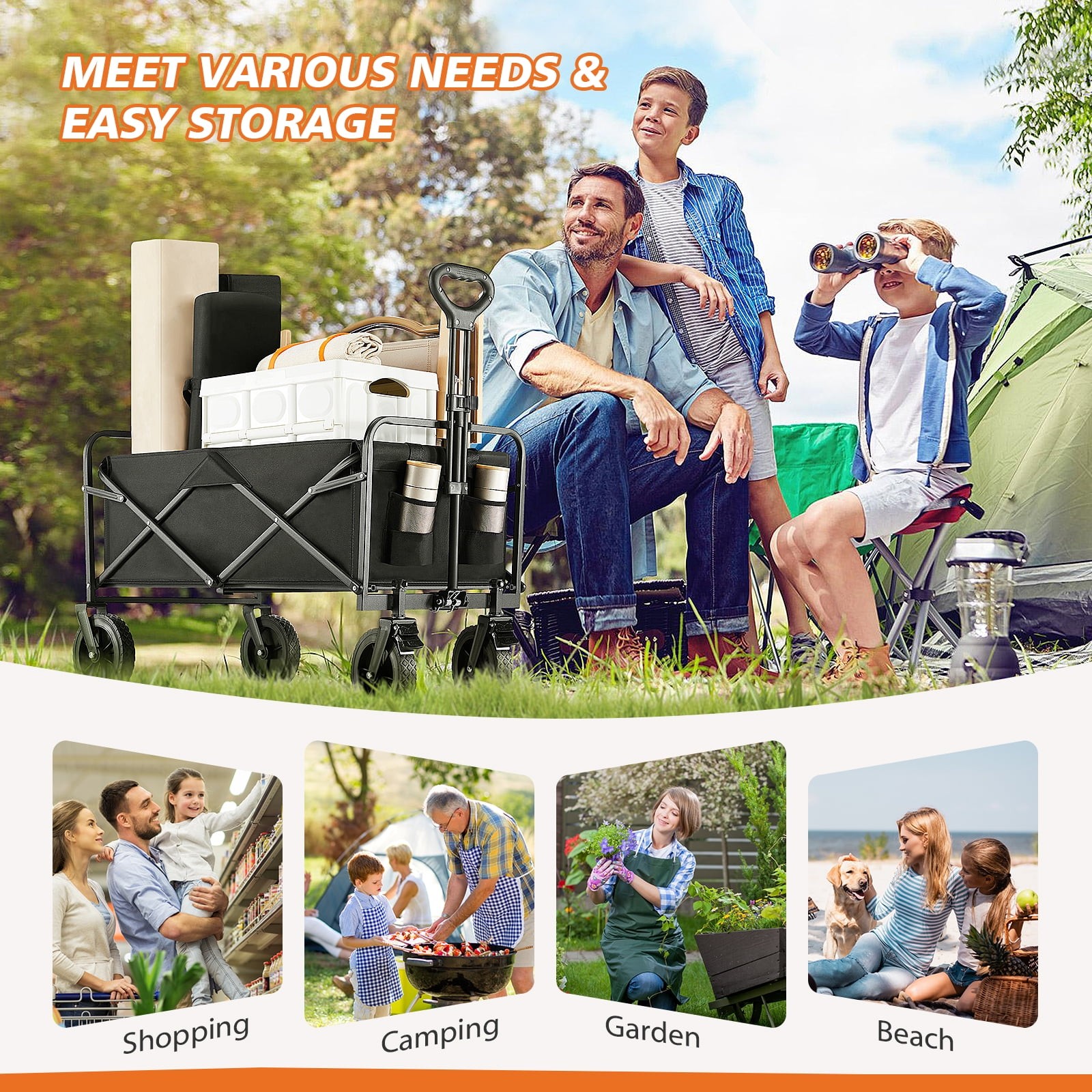 Concetta Foldable Utility Cart with Drink Holders, Large Capacity, Black, 33.27