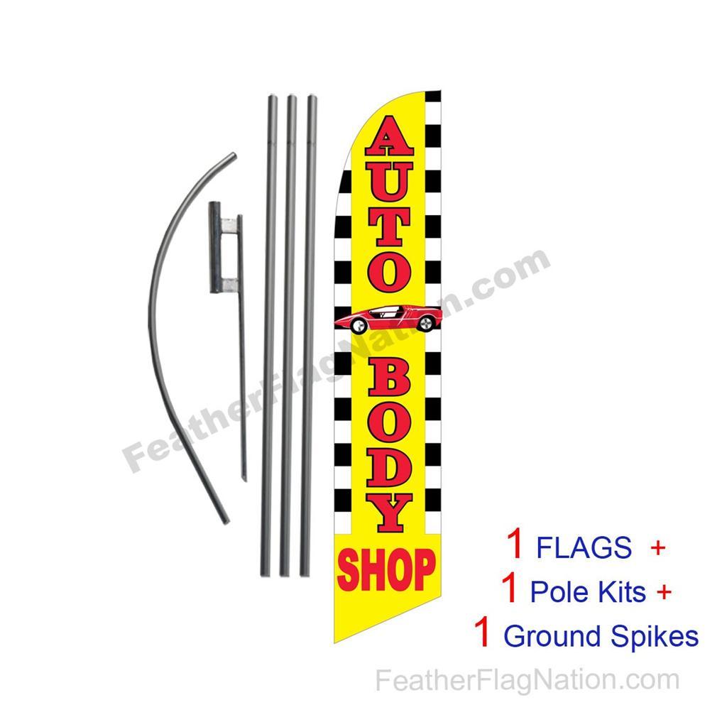 Auto Body Shop 15' Feather Banner Swooper Flag Kit with pole+spike