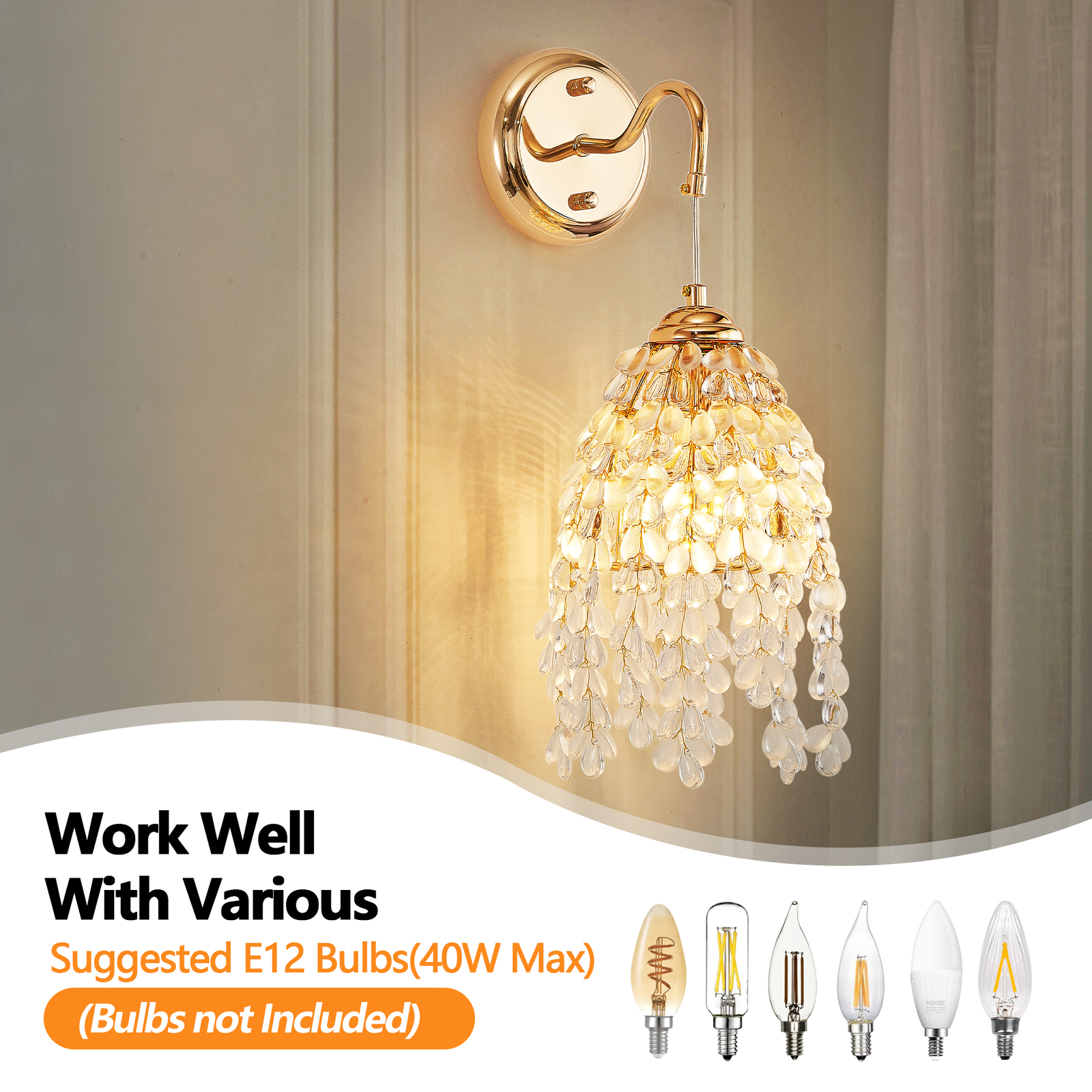 2 Pack 18'' Wall Light indoor Modern LED Gold Crystal Bead String Sconce Fixture