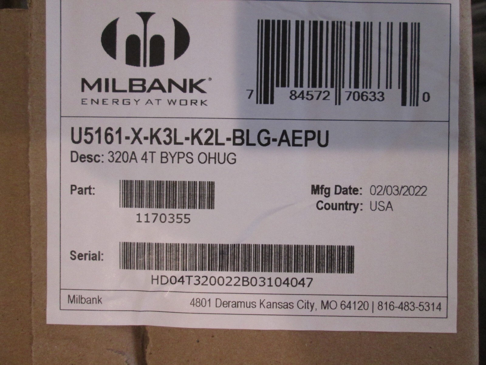 MILBANK meter can 320 amp - Single Phase - 4T BYPS U5161-X-K3L-K2L-BLG-AEPU