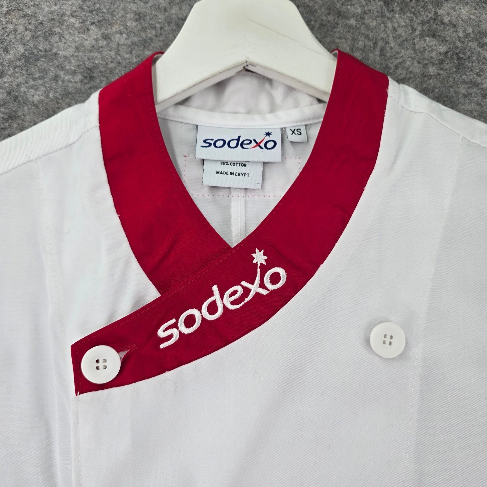 Sodexo White Chef Coat Red Trim Double Breasted Snap Button Size XS Unisex