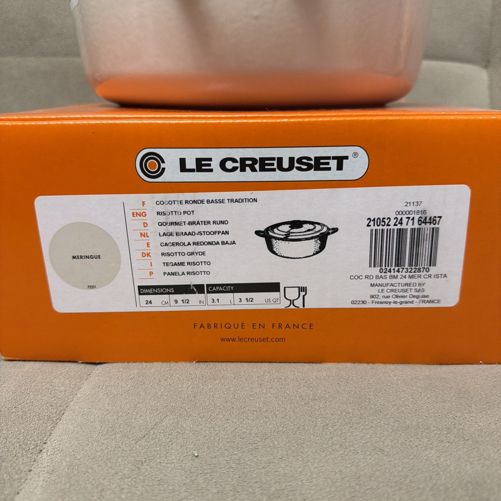 Le Creuset Risotto Pot 24cm 9.5" 3.5qt Meringue
