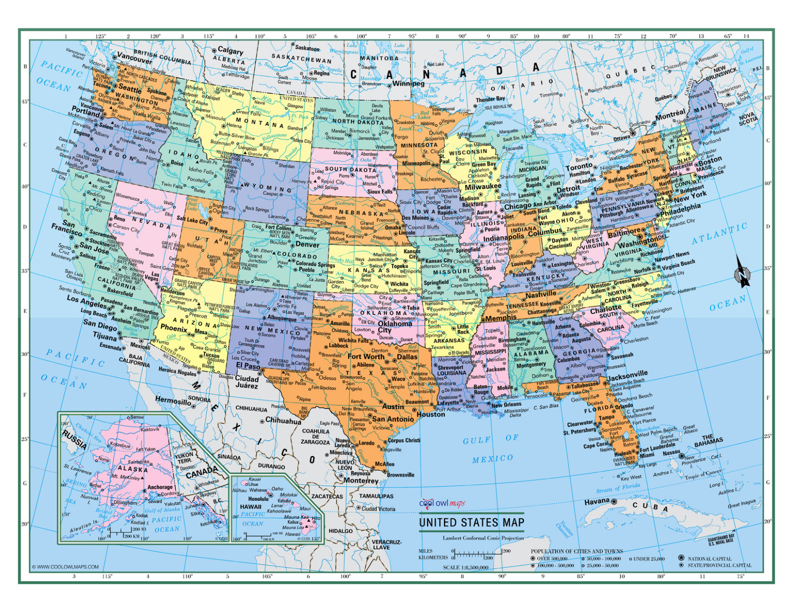 USA United States Wall Map Color Poster 32"x24" - LARGE PRINT Rolled Paper