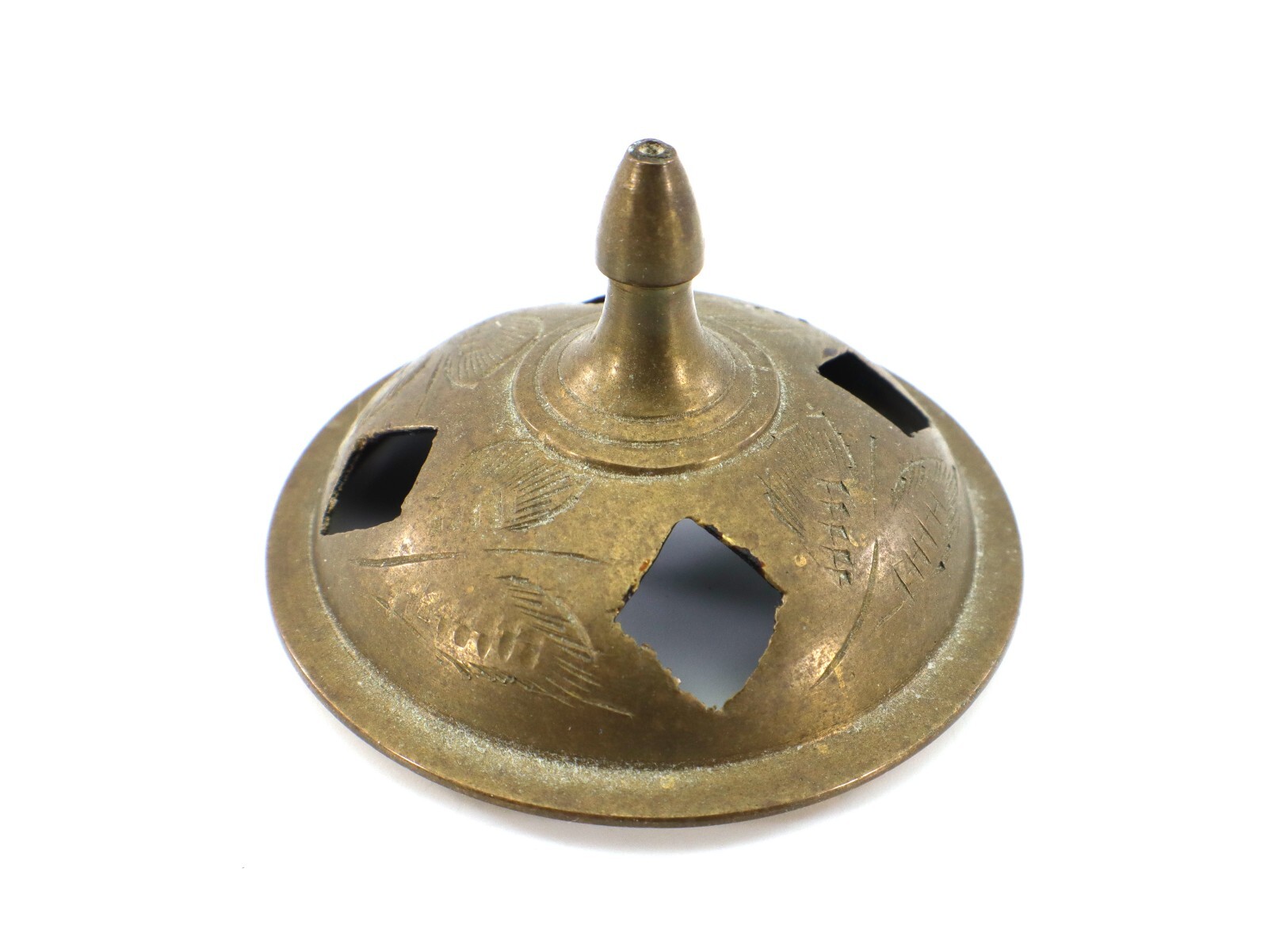 Brass INCENSE BURNER 2-Piece Lid 3 ½” Tall Etched Leaf India