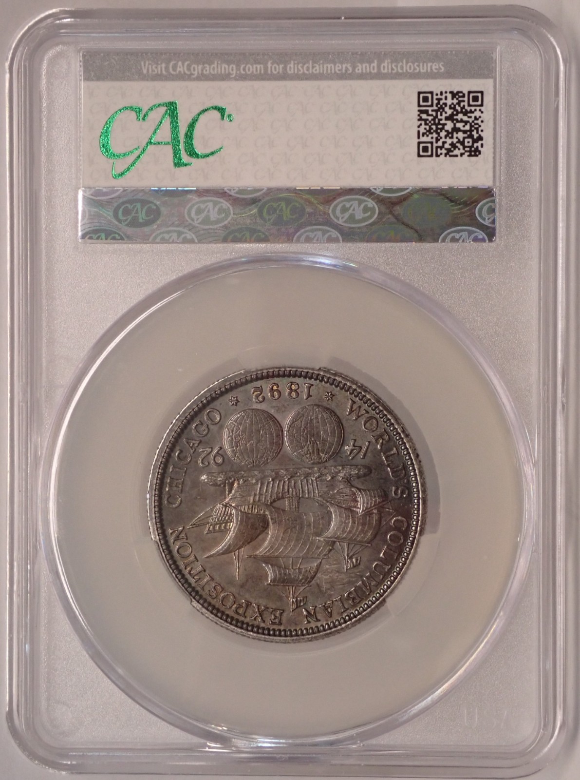 1892 Columbian Expo 50c CAC MS62 Deep Toning w/obv Iridescent Edge Toning