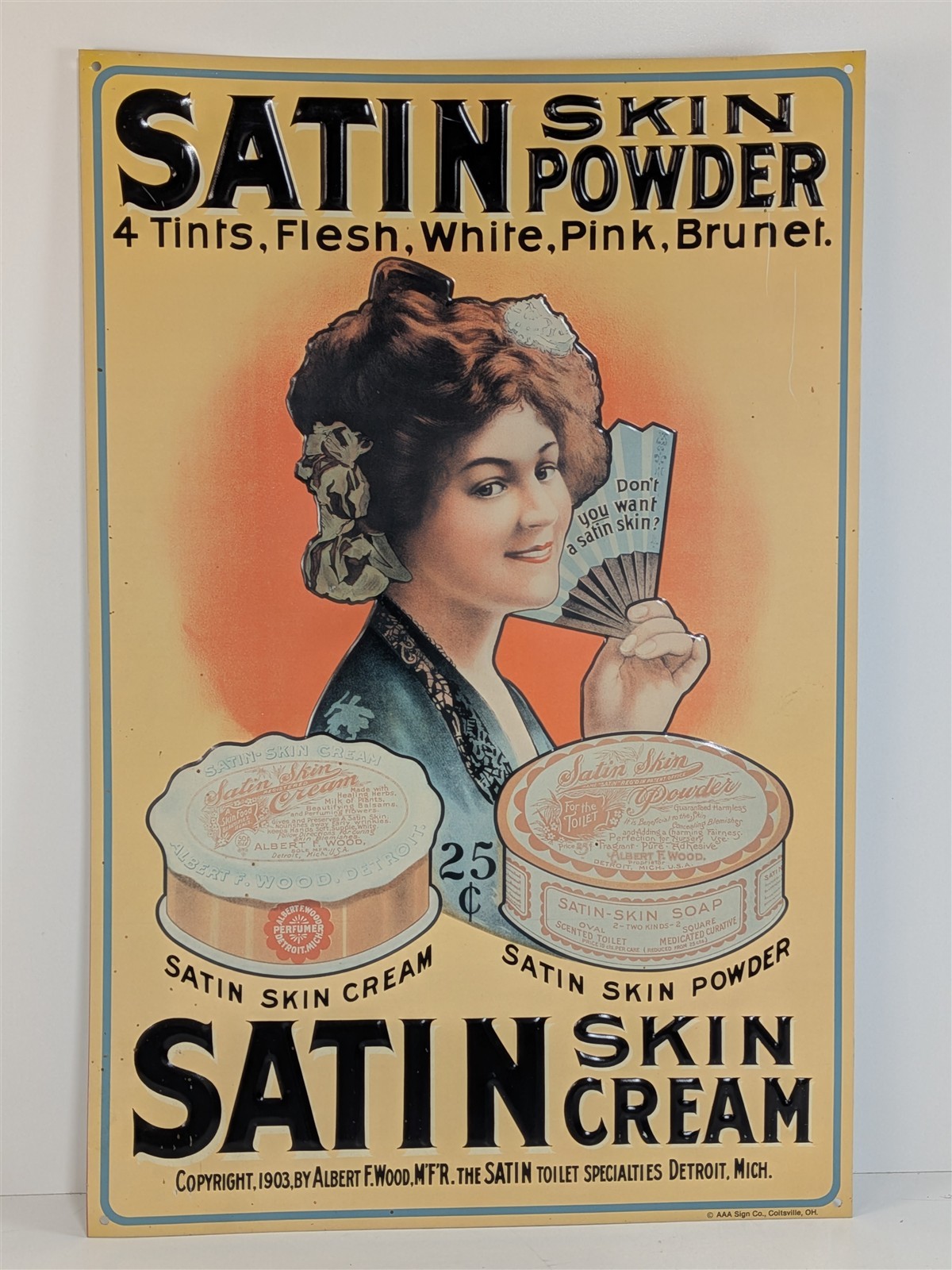 Satin Skin Powder & Cream Albert Wood Detroit 16-3/4" Tin Sign