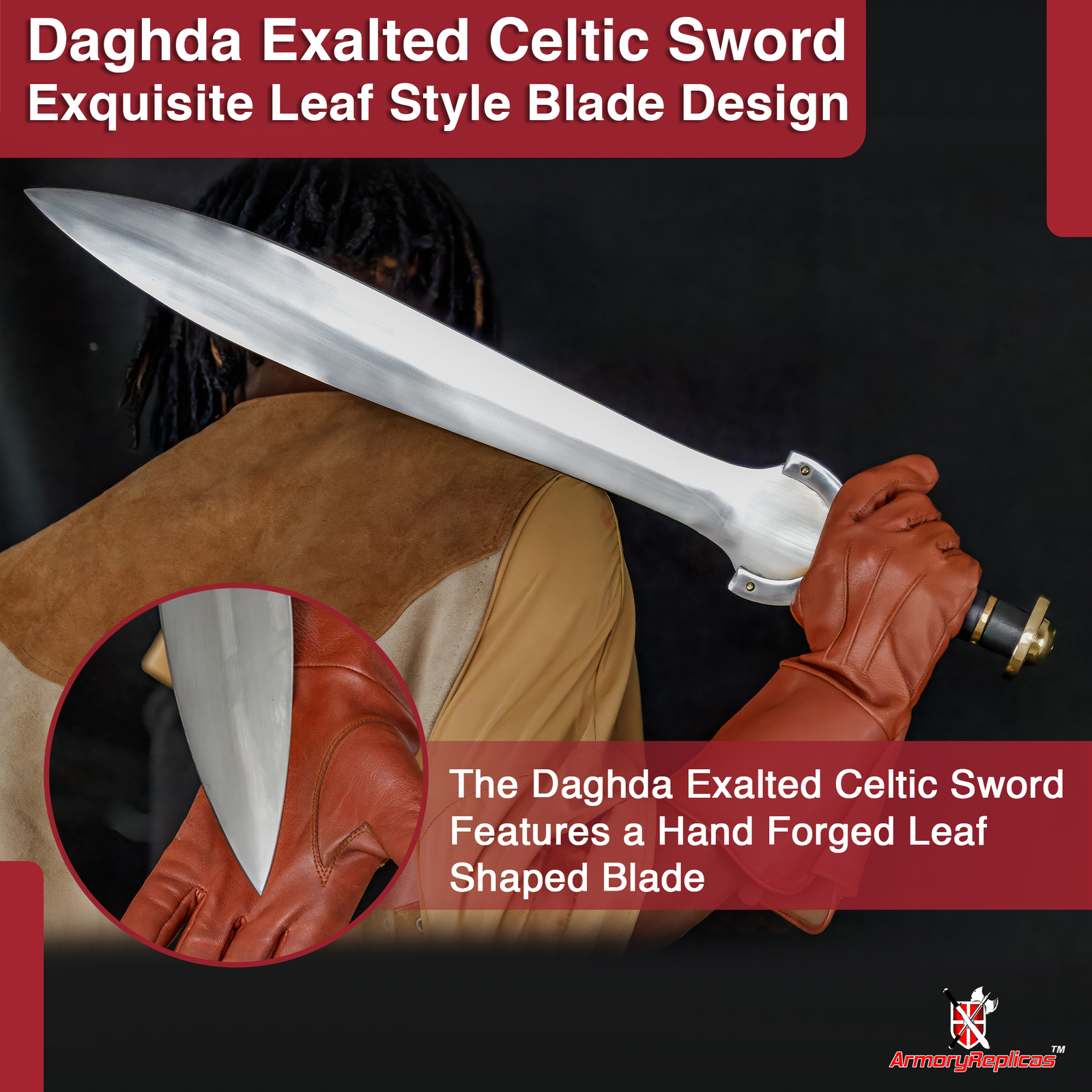 Hand Forged High Carbon Steel Sword Celtic Leaf Blade w/ Leather Sheath