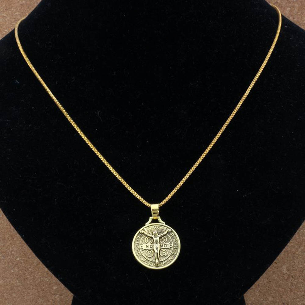 Gold Jesus Crucifix Saint St Benedict Medal Cross Pendant Necklace 24" Box Chain