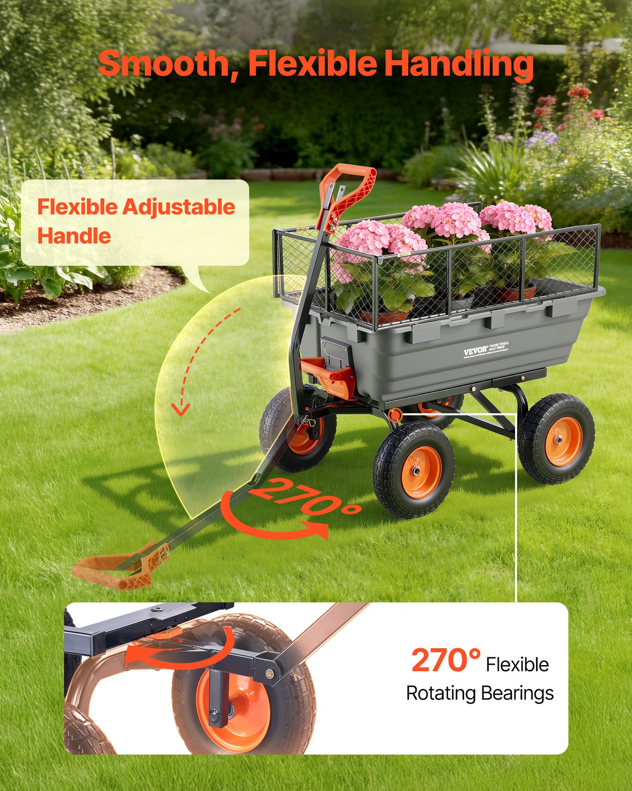 VEVOR Garden Dump Cart 1200lbs Poly Dump Cart with 2-in-1 Handle & Storage Fence