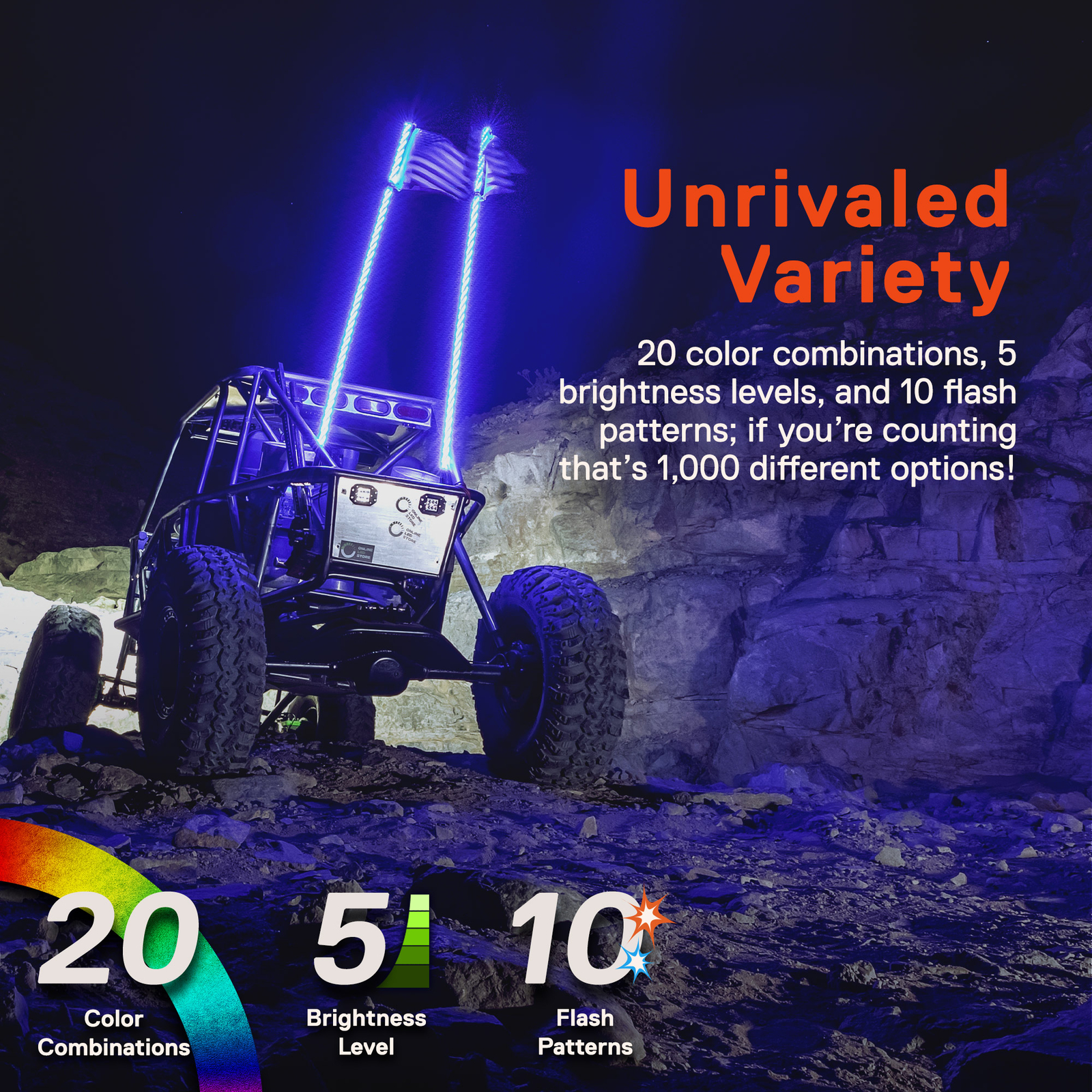 3ft RGB LED Spiral Whip Light Antenna with Flag & Remote for ATV UTV Polaris RZR