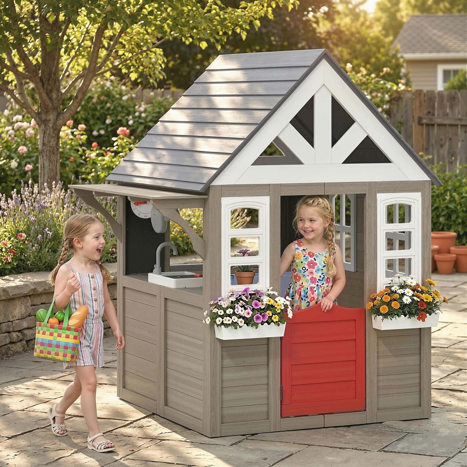 Qaba Outdoor Playhouse with Dog Door, Flower Box, Cookware for Backyard