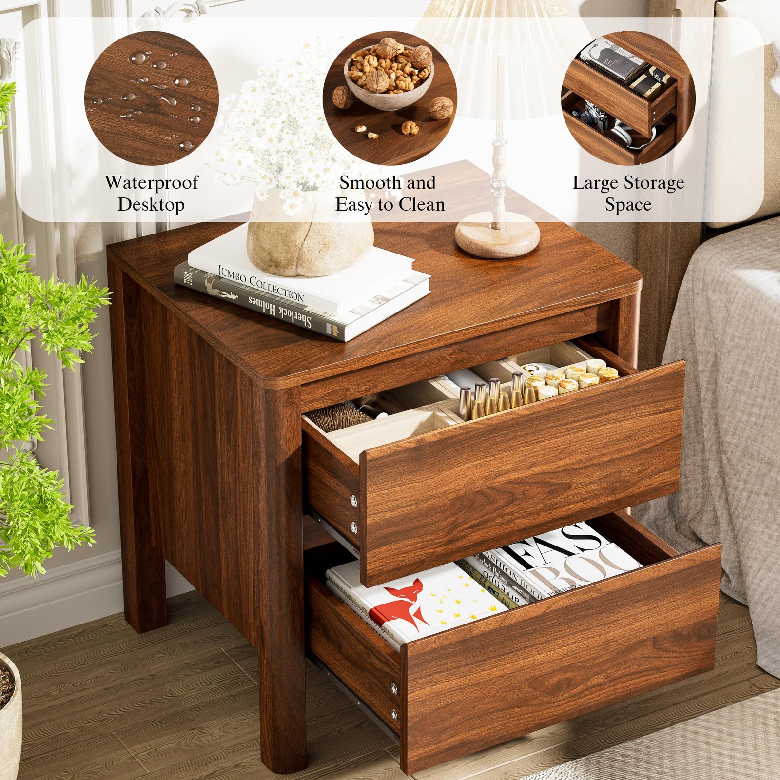 Mid Century Walnut Nightstand with 2 Drawers Modern Wooden Bedside Table