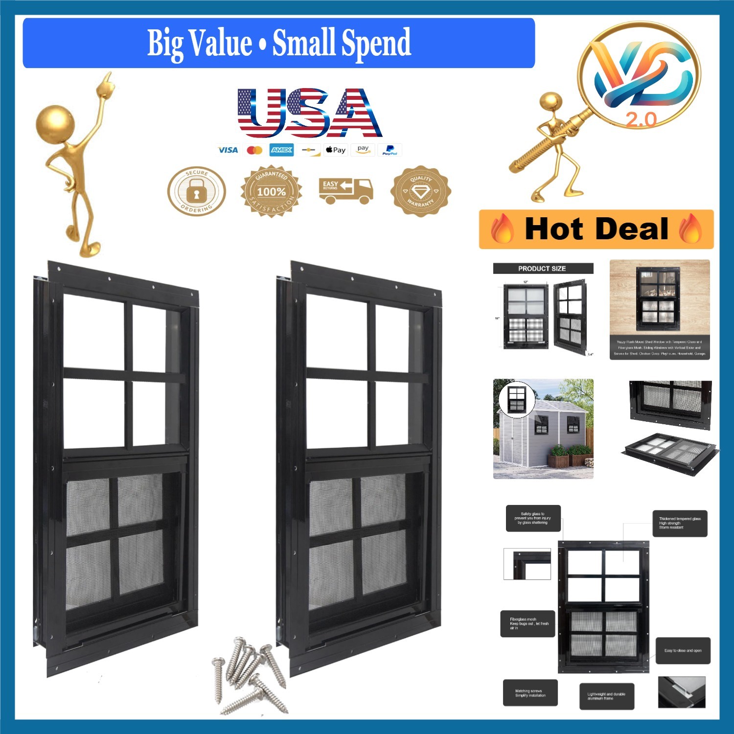 2 Pack 12x18 Shed Windows Aluminum Frame Tempered Glass Fiberglass Screen Black