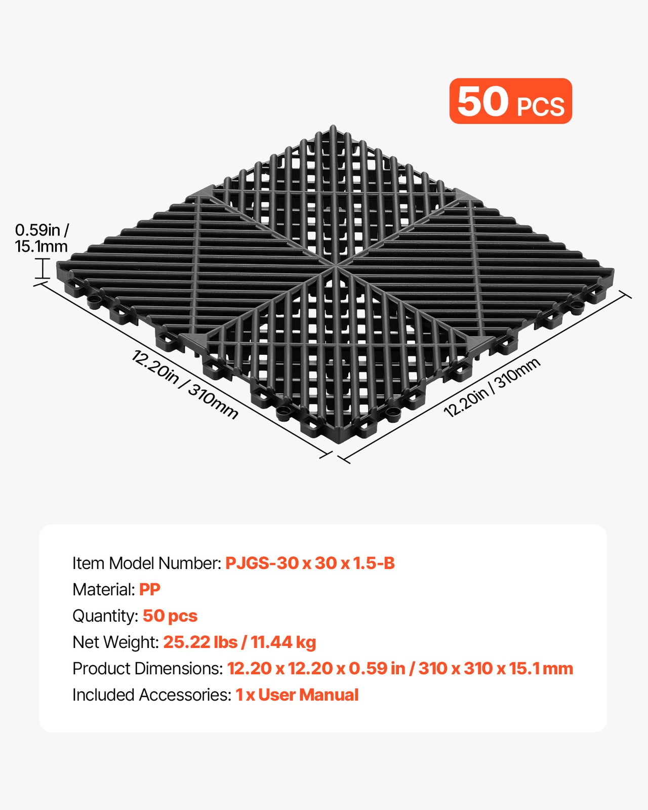 VEVOR Interlocking Drainage Mats 12" x 12" PP Garage Floor Tiles Black 50 Pack