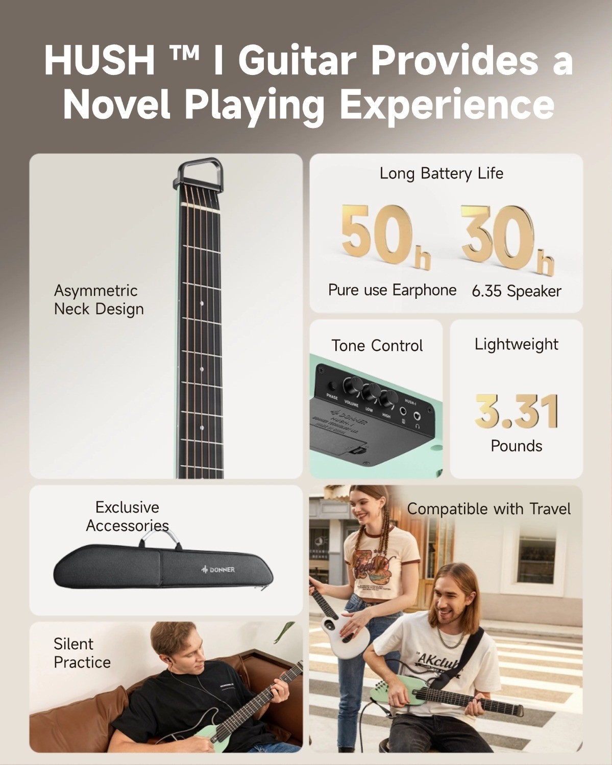 Donner HUSH I Acoustic Electric Guitar Headless Travel With All Accessories