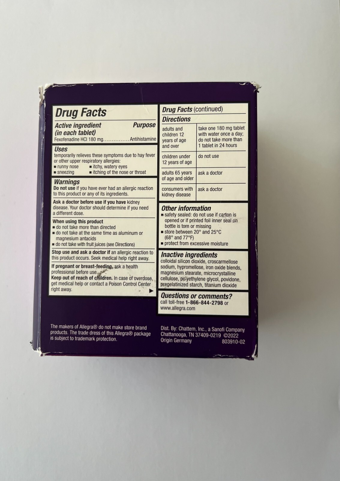 Allegra Allergy Non-Drowsy Relief 180mg 90 Tablets, 04/26