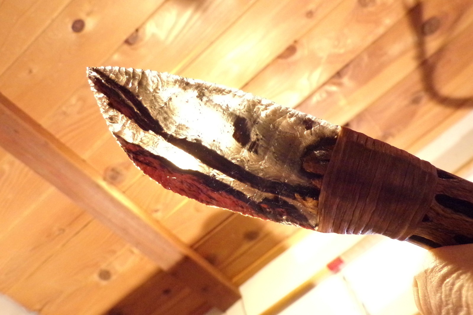 Large Triple Flow Obsidian Drop Point Knife w Cholla Cactus Wood Handle