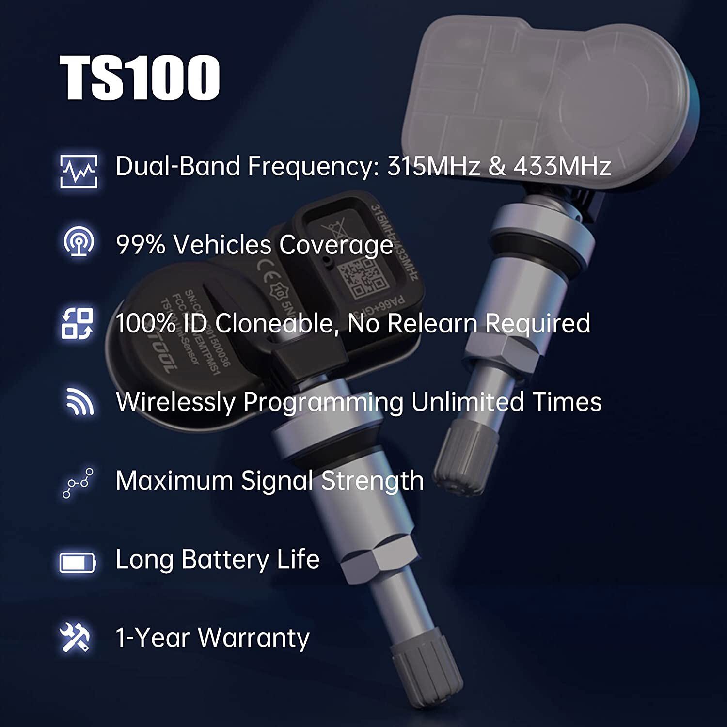 XTOOL TPMS TS100 315MHz 433MHz 2in1 Programmable Car Tire Pressure Sensor Metal