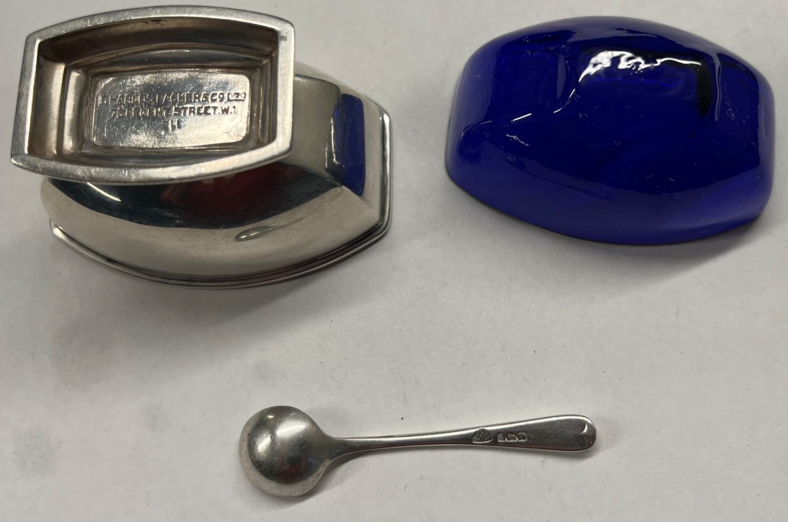 Antique Art Deco Charles Packer & Co Sterling Silver Salt Cellar & Spoon Cobalt