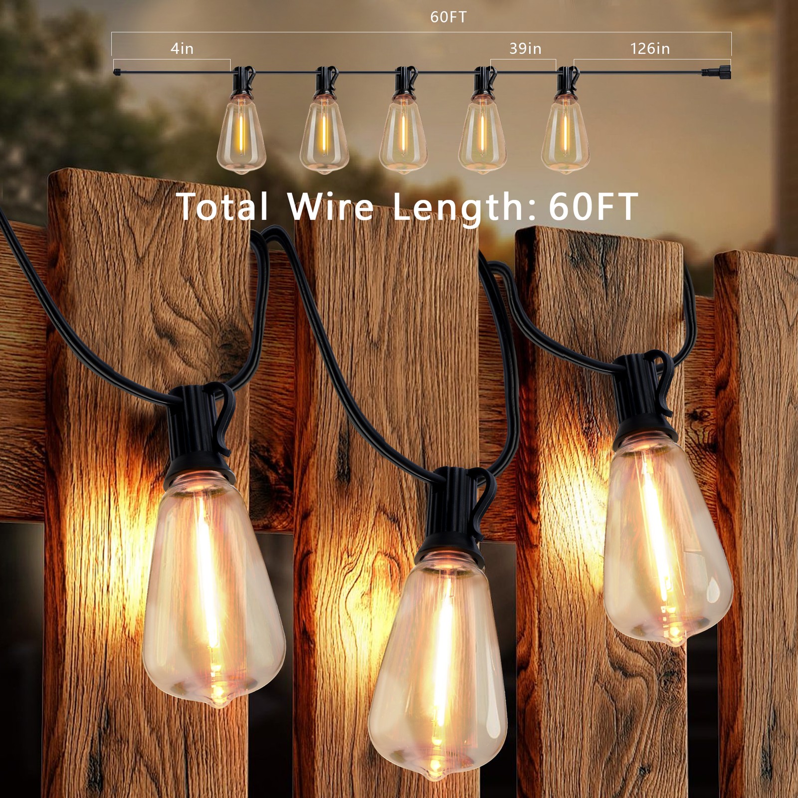 60FT Solar String Lights Outdoor Waterproof Patio w Remote Control 16 ST38 Bulbs