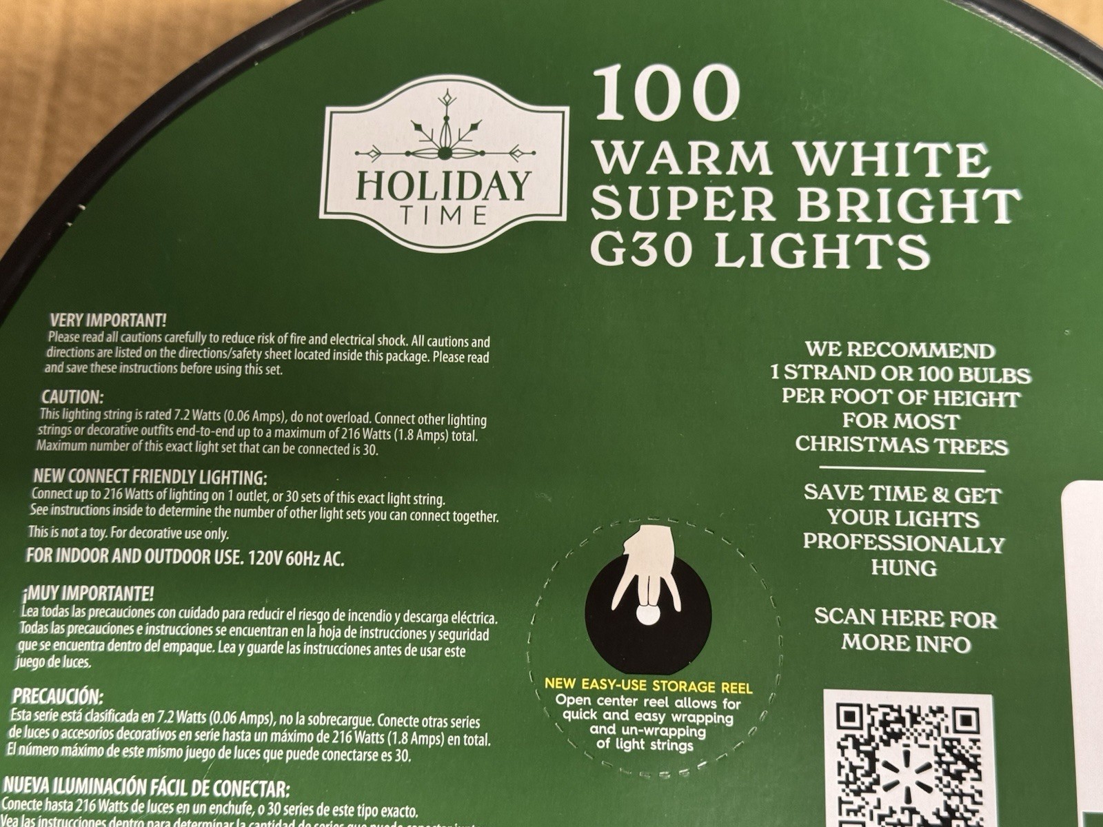 NEW 2025! HOLIDAY TIME 100 WARM WHITE LED Super Bright G30 Lights GRN Wire 58.1'