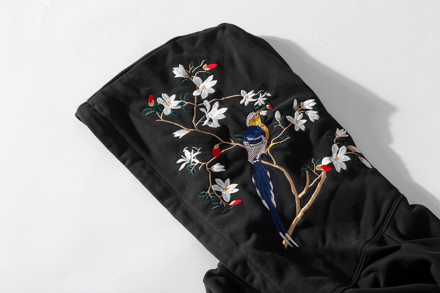Niepce Birds and Flowers Embroidered Black Hoodie Japanese Streetwear Sweatshirt