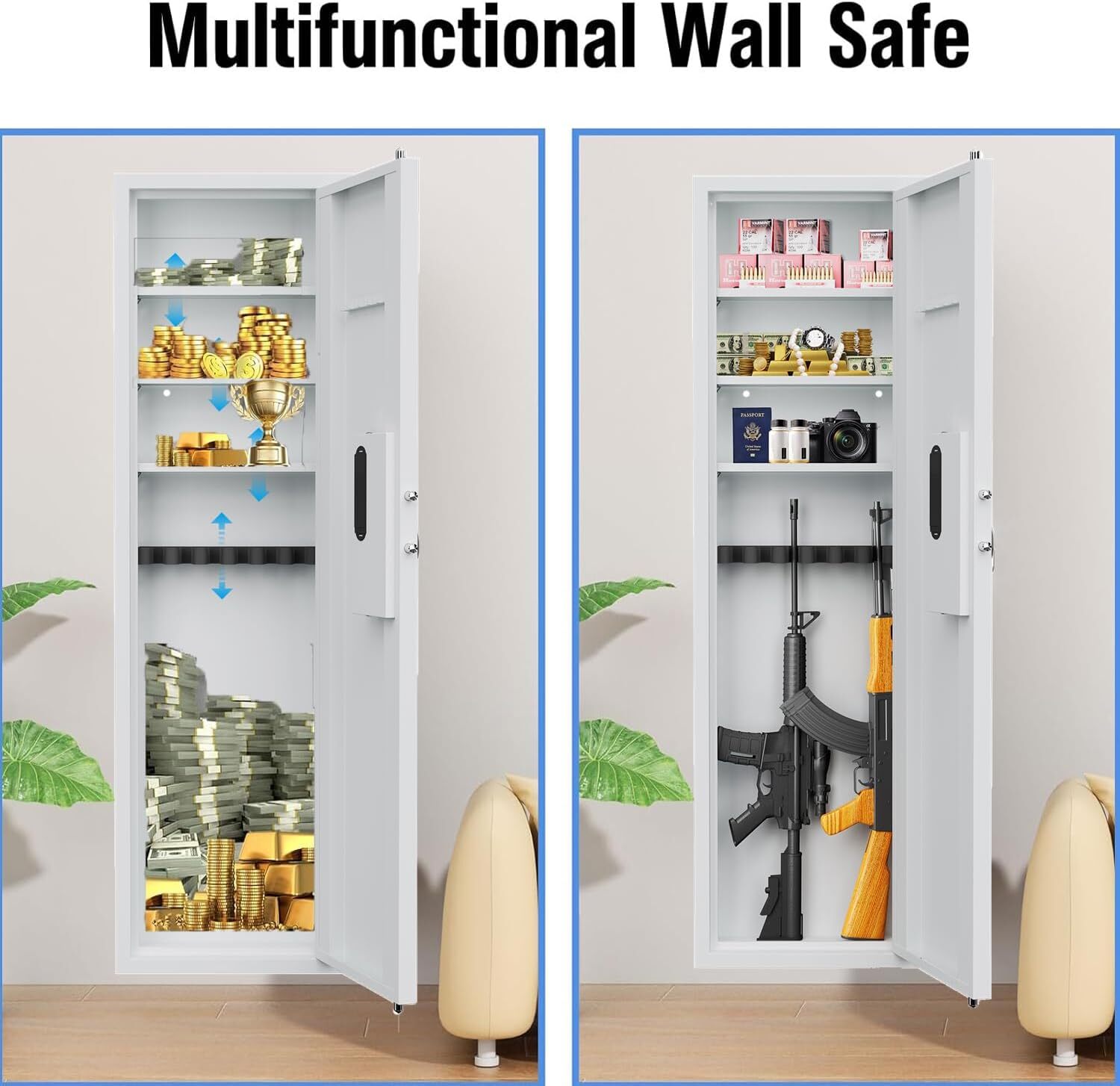 53"Fingerprint In-Wall Safe for Rifles w/Adjustable Shelves,Hidden Wall Gun Safe