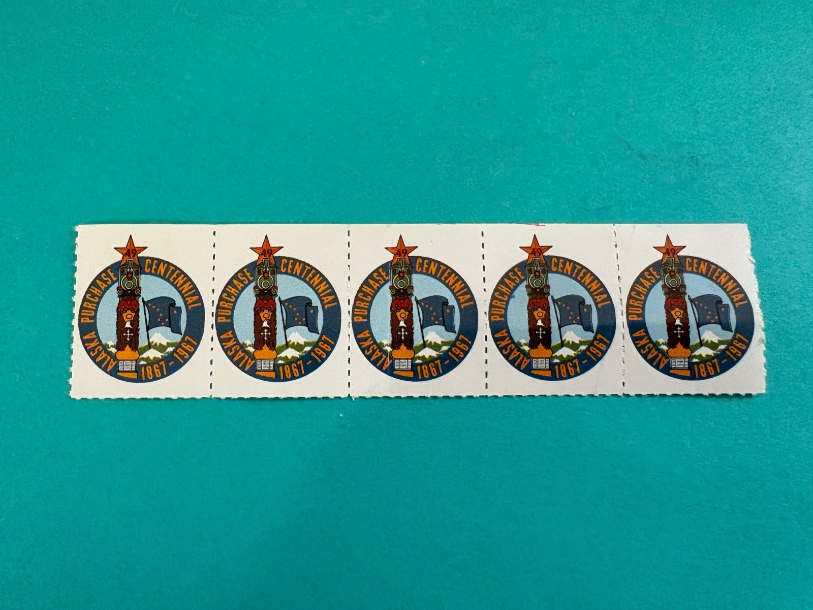 US Stamps Cinderella Alaska Purchase Centennial strip of 5 MNH stamps 1967