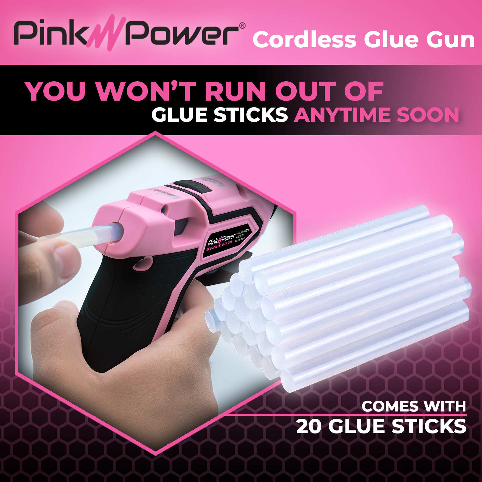 Pink Power Rechargeable Cordless Mini Hot Glue Gun Kit with 20 Glue Sticks