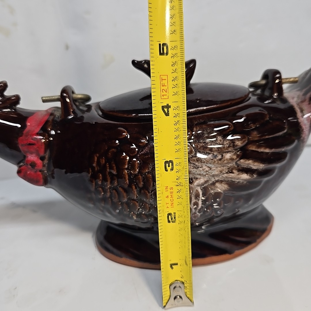 Vintage 1950's Redware Bird Shaped Teapot with Metal Spirl Handle 10in Long