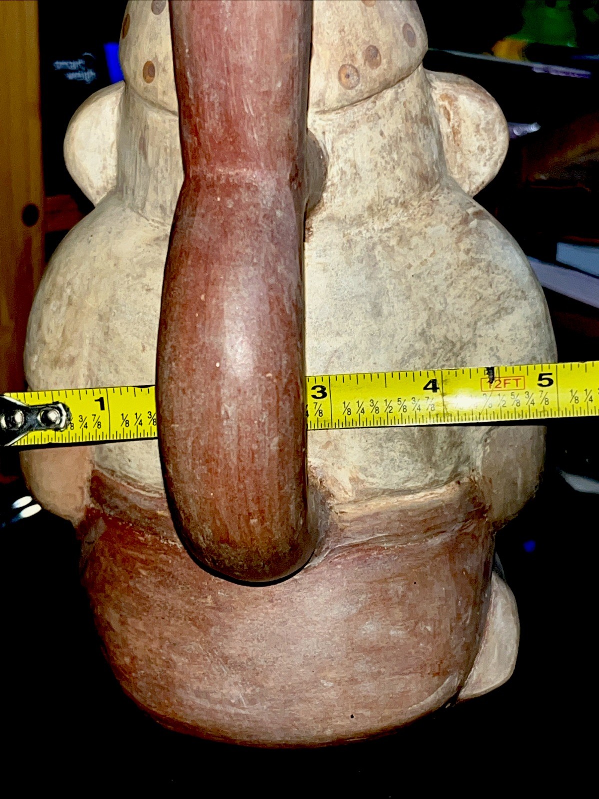 Peruvian Moche Pichu Style Pottery Stirrup Spout Vessel 8 1/2" Kneeling Warrior