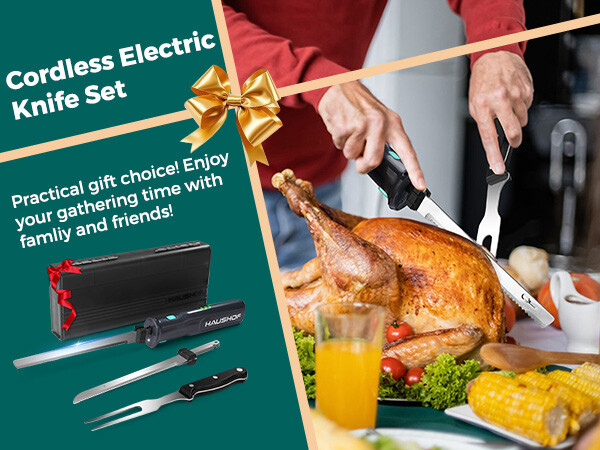 HAUSHOF Cordless Electric Knife Set for Meat Slicing 8V Electric Carving Knife