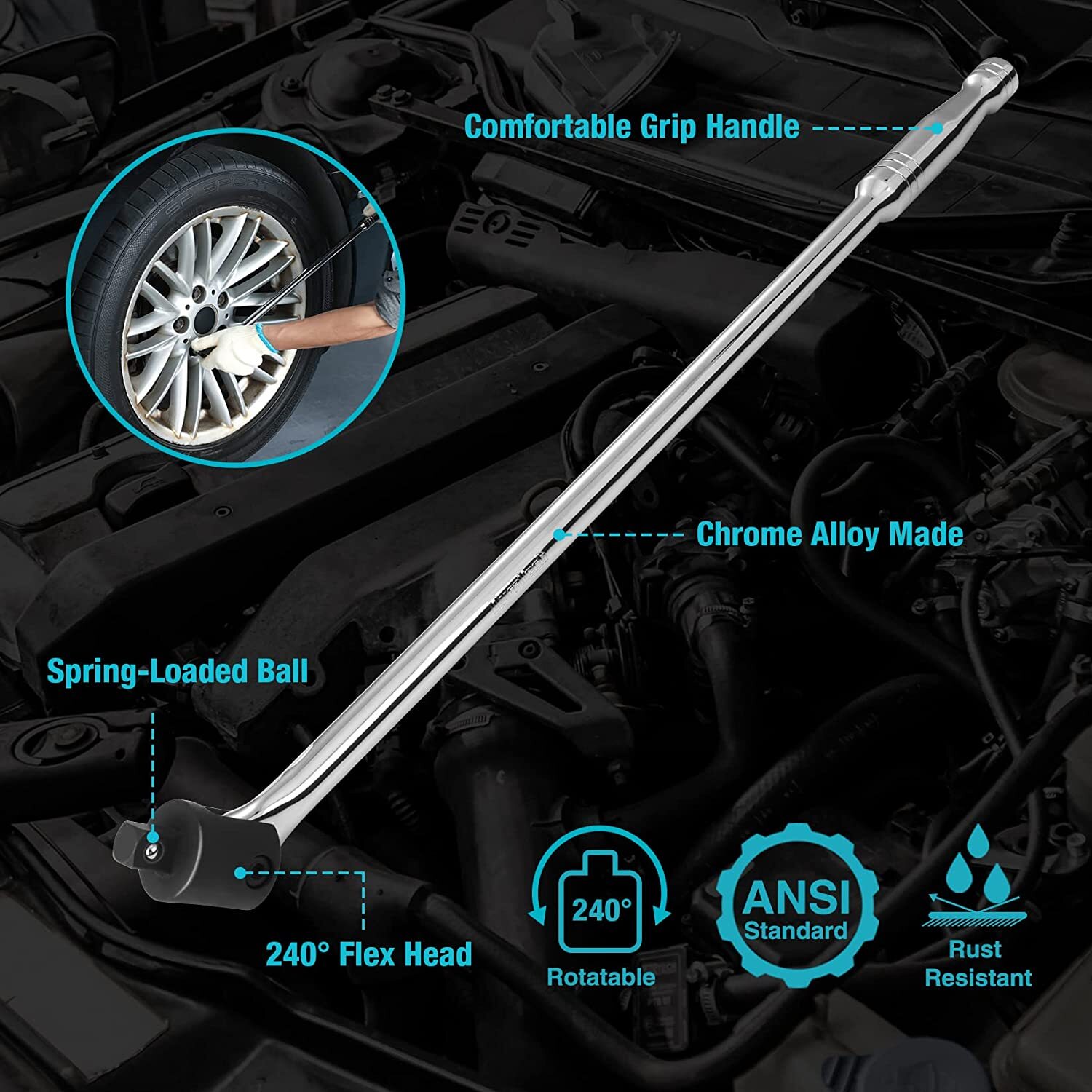 DURATECH Heavy Duty Breaker Bar 1/2'' Drive 24" Breaker Bars with 240° Flex Head