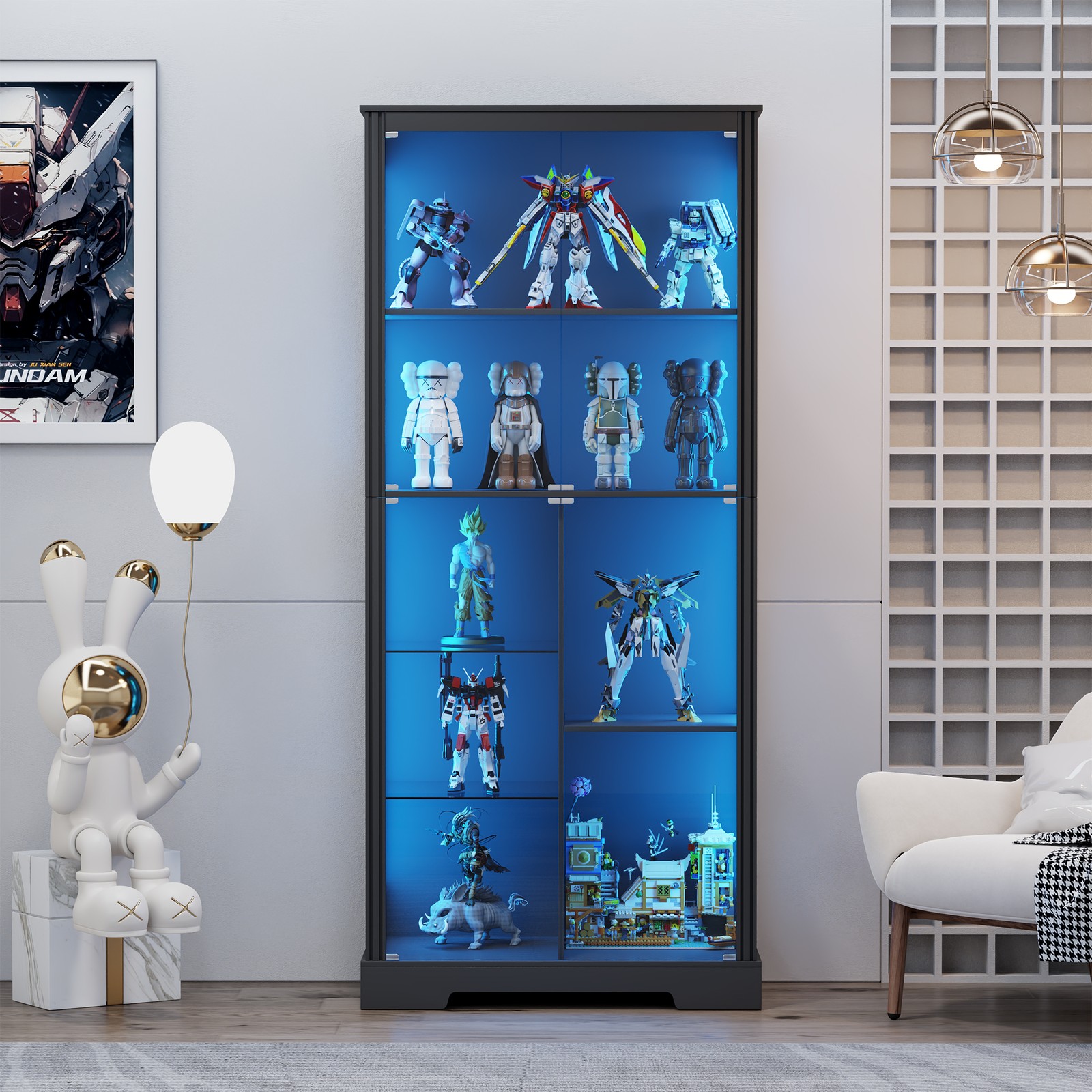 Display Cabinet with Doors, Curio Cabinet with LED Lights and Adjustable Shelves
