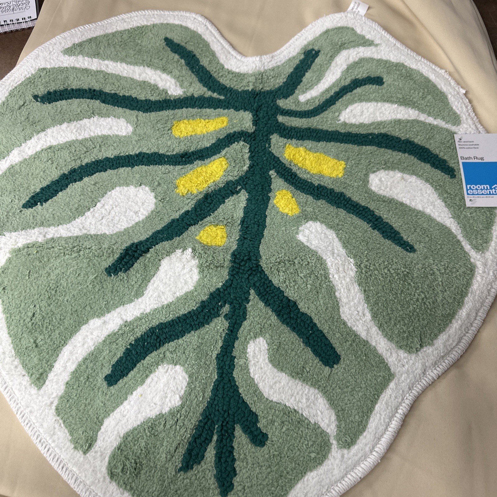 Room Essentials Bath Rug Leaf Green Cotton Non-Skid Monstera 26x34 New *Z