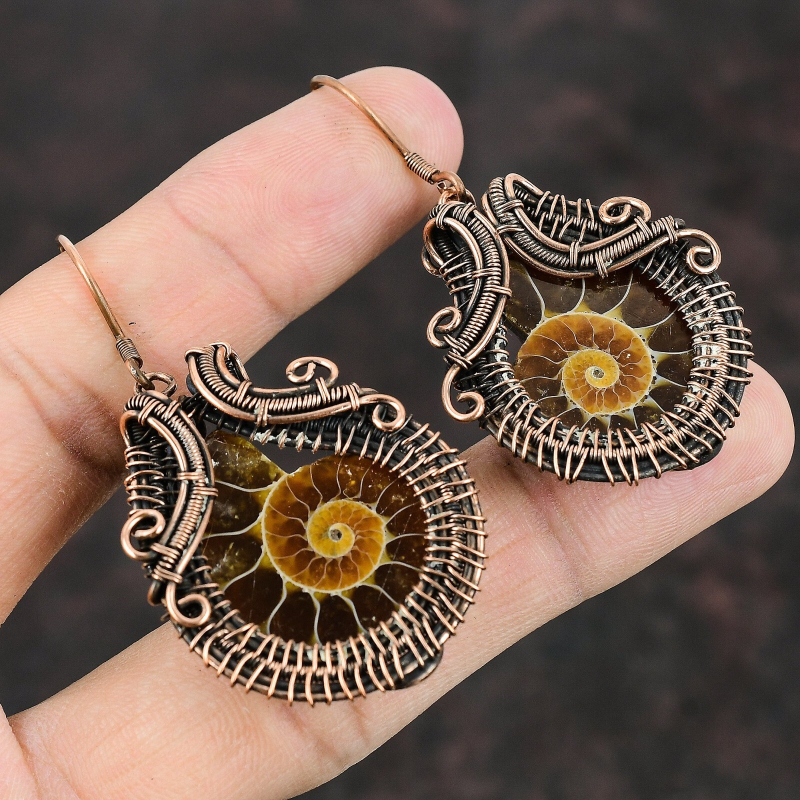 Ammonite Fossil Copper Valentine Gift Wire Wrapped Drop/Dangle Earrings 2.24"