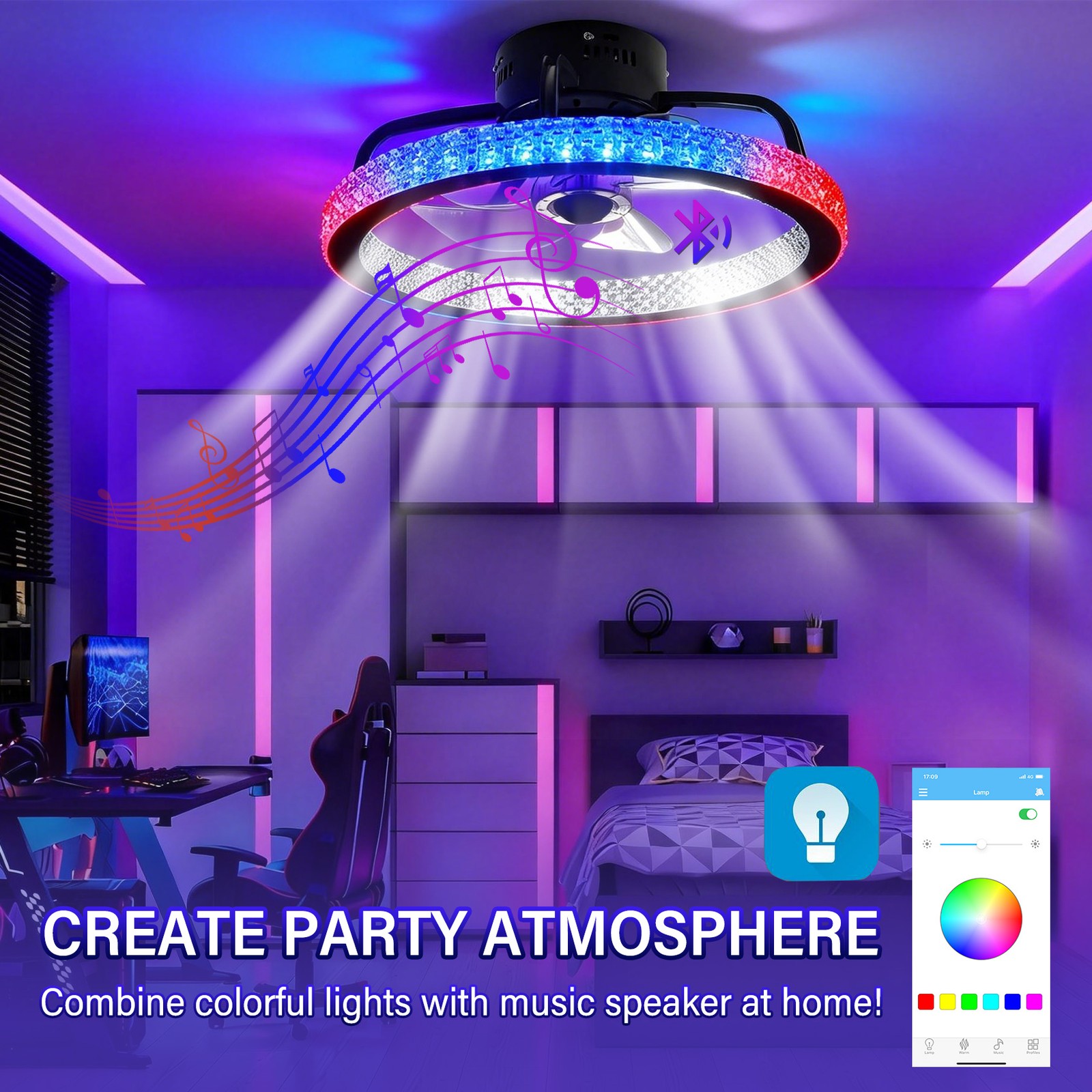 TCFUNDY Flush Mount LED Ceiling Fan with Light  APP Control w/ Bluetooth Speaker