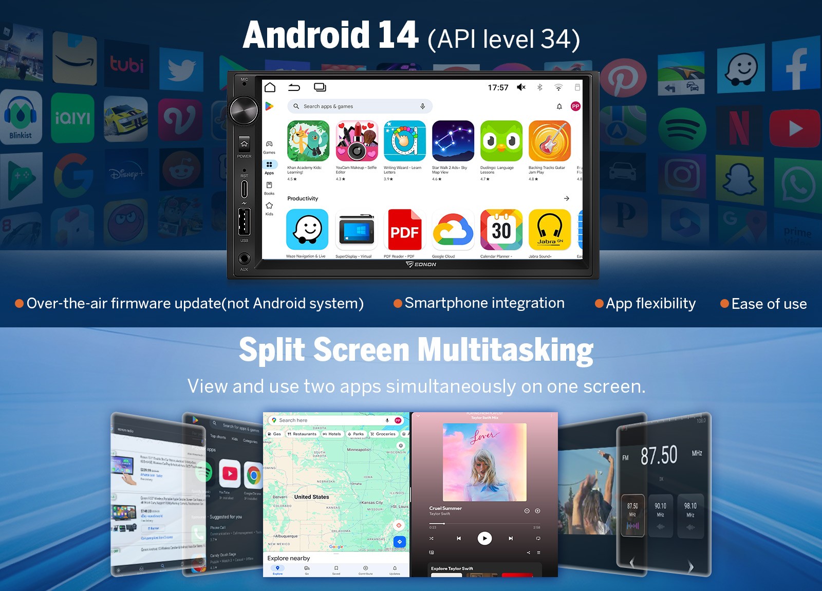 Eonon UX7A GPS Navigation 7" Android 14 4+64 Double DIN Car Stereo CarPlay Radio