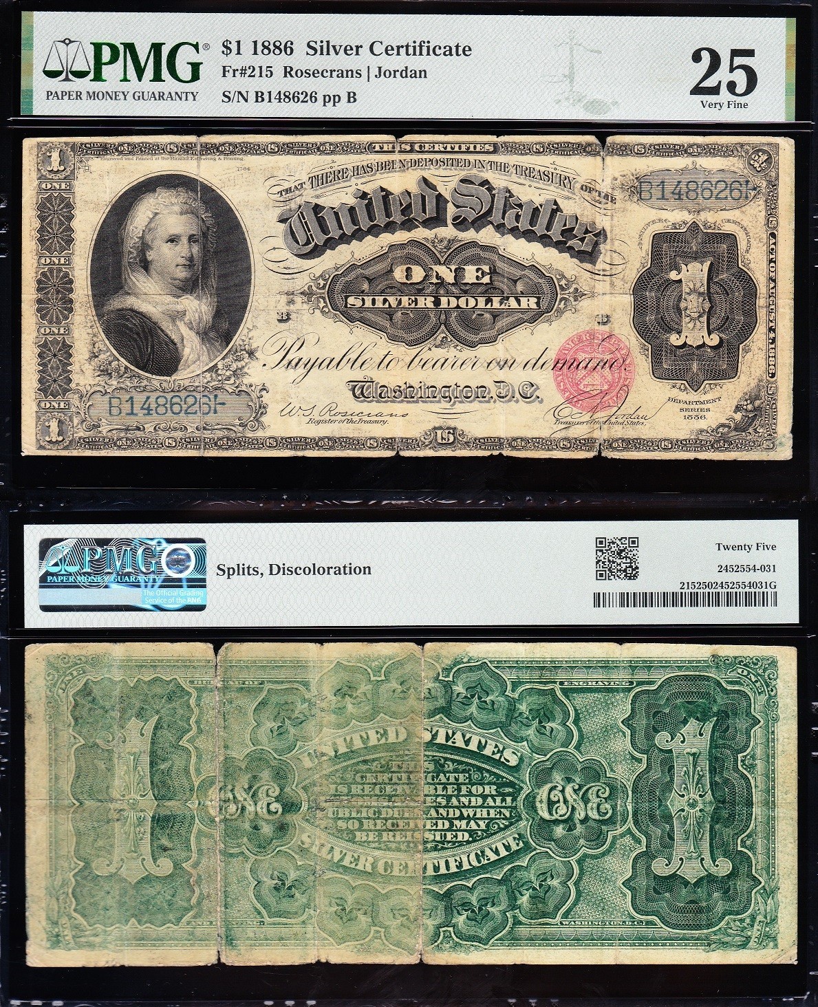 VF graded 1886 $1 Ornate "MARTHA" Silver Certificate! PMG 25! FREE SHIP! 48626