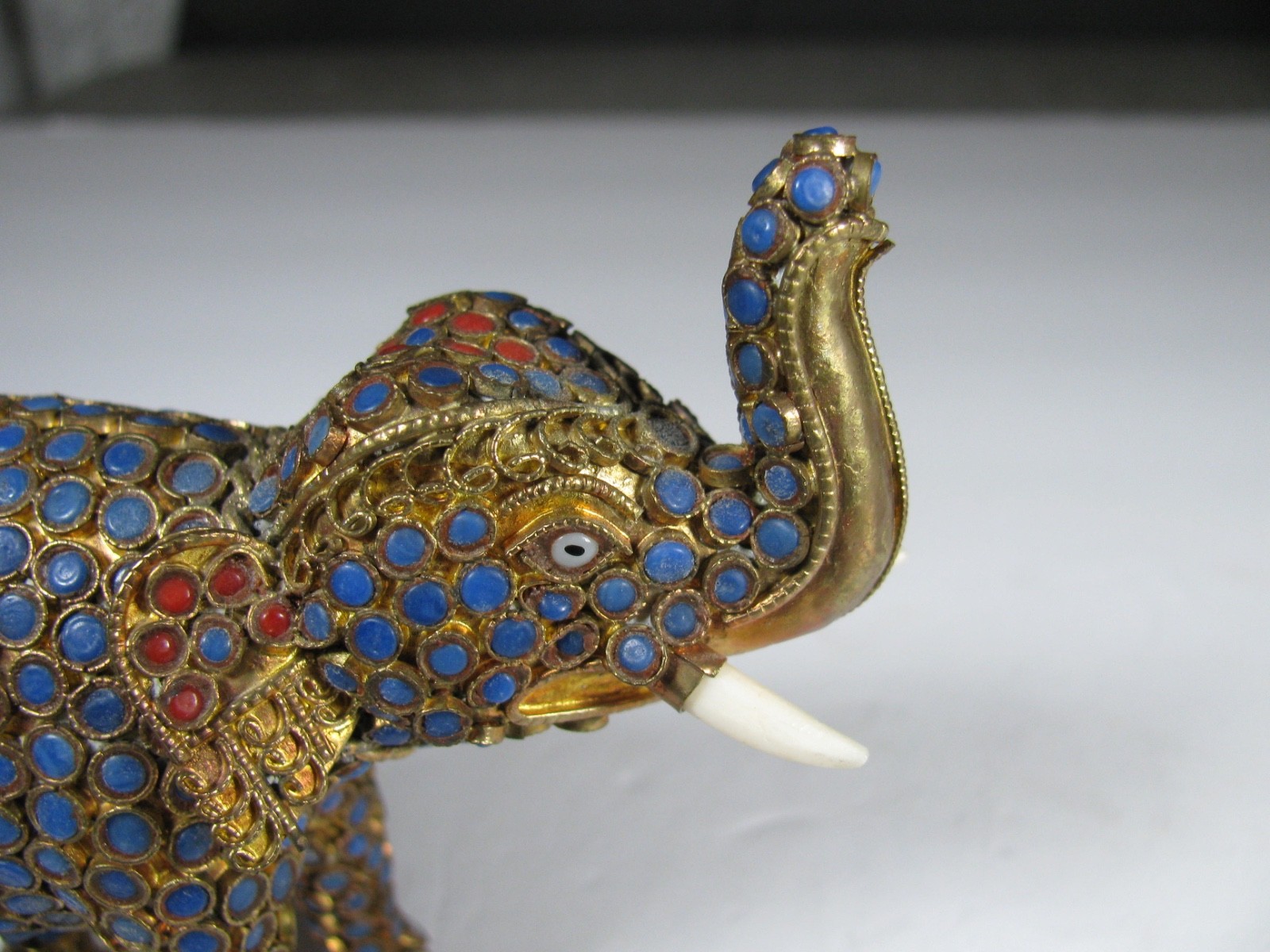 Lot 2 Vintag Tibet or Nepal Elephant Brass Lapis Coral Inlaid Filigree Figurine
