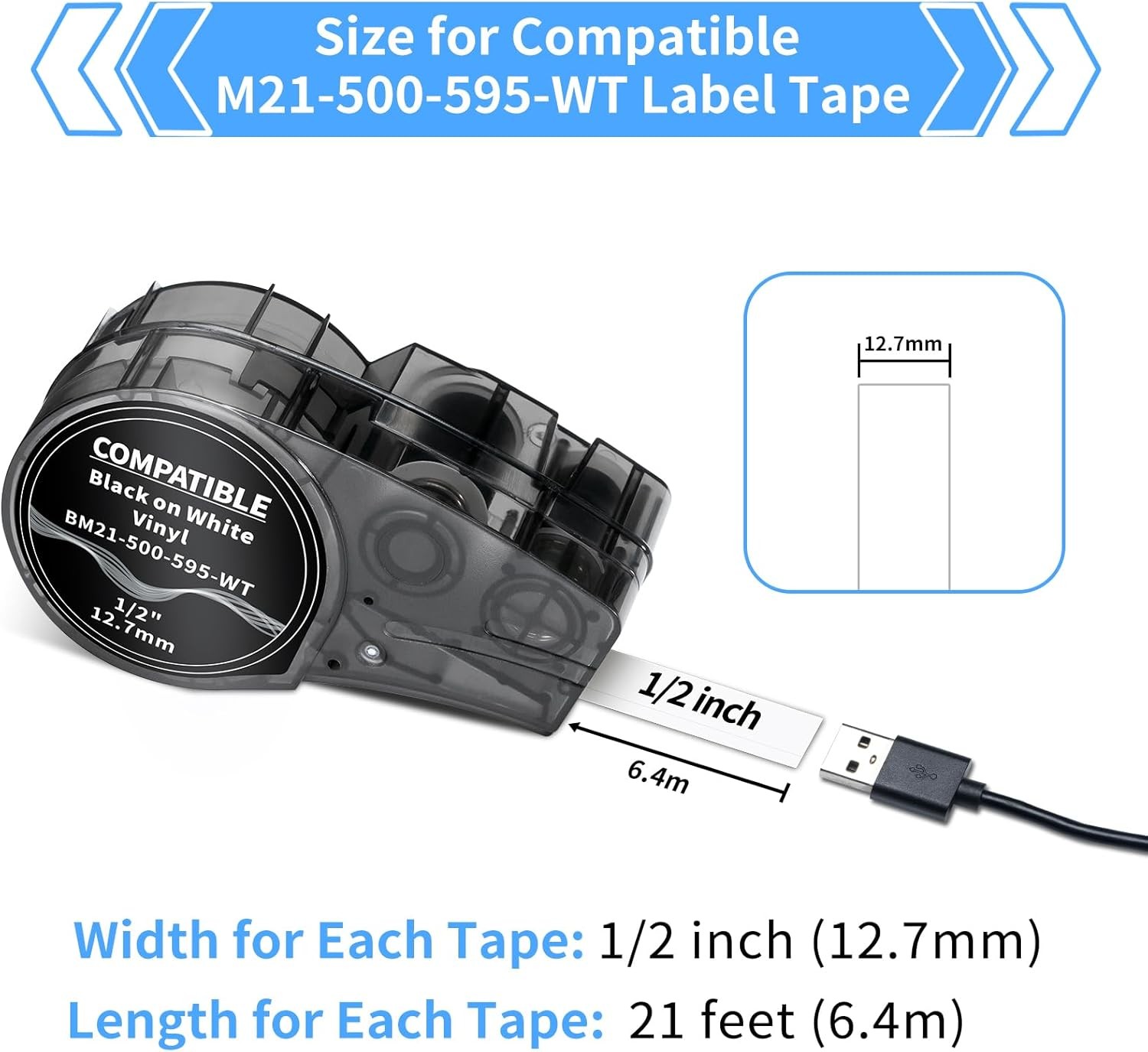 10PK For Brady BMP21-PLUS M21-500-595-WT Vinyl 1/2" Black on White Label Tape