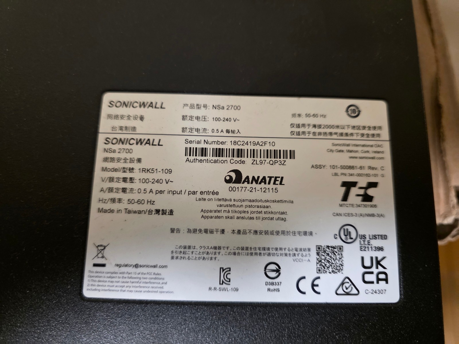 SonicWall NSA 2700 Network Security/Firewall Appliance 16 Port Not Transferable