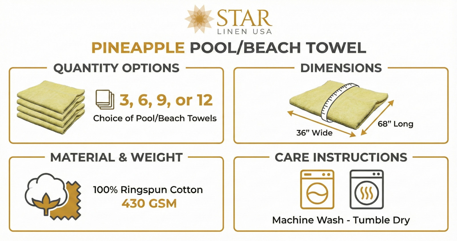 100% Cotton Hotel & Spa Pool Beach Towels 36x68 430GSM Solid Pineapple