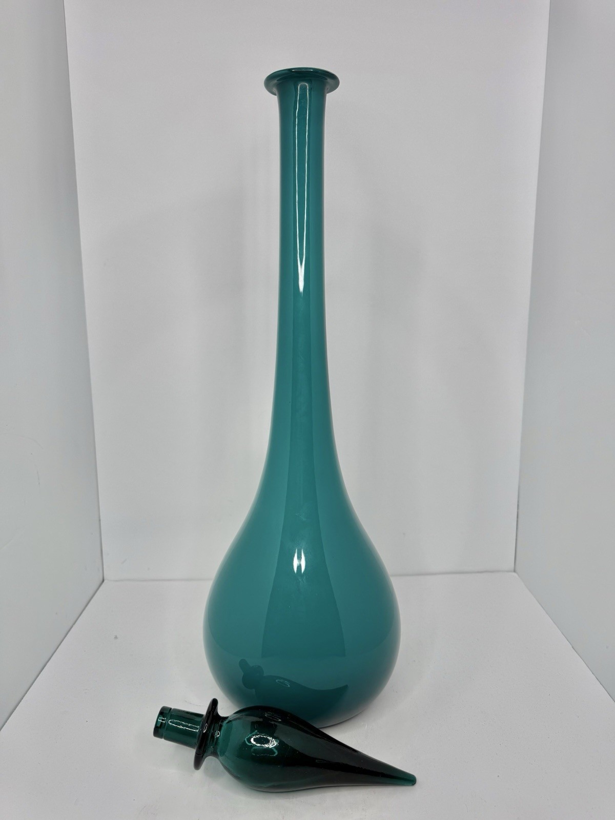 Vintage MCM Empoli Peacock Cased Glass 26.5” Genie Bottle Decanter W/stopper
