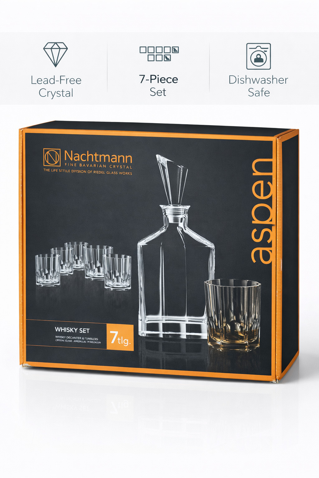 Nachtmann Aspen 7-Piece Whisky Decanter & Tumbler Set Lead-Free Crystal, 6 Glass