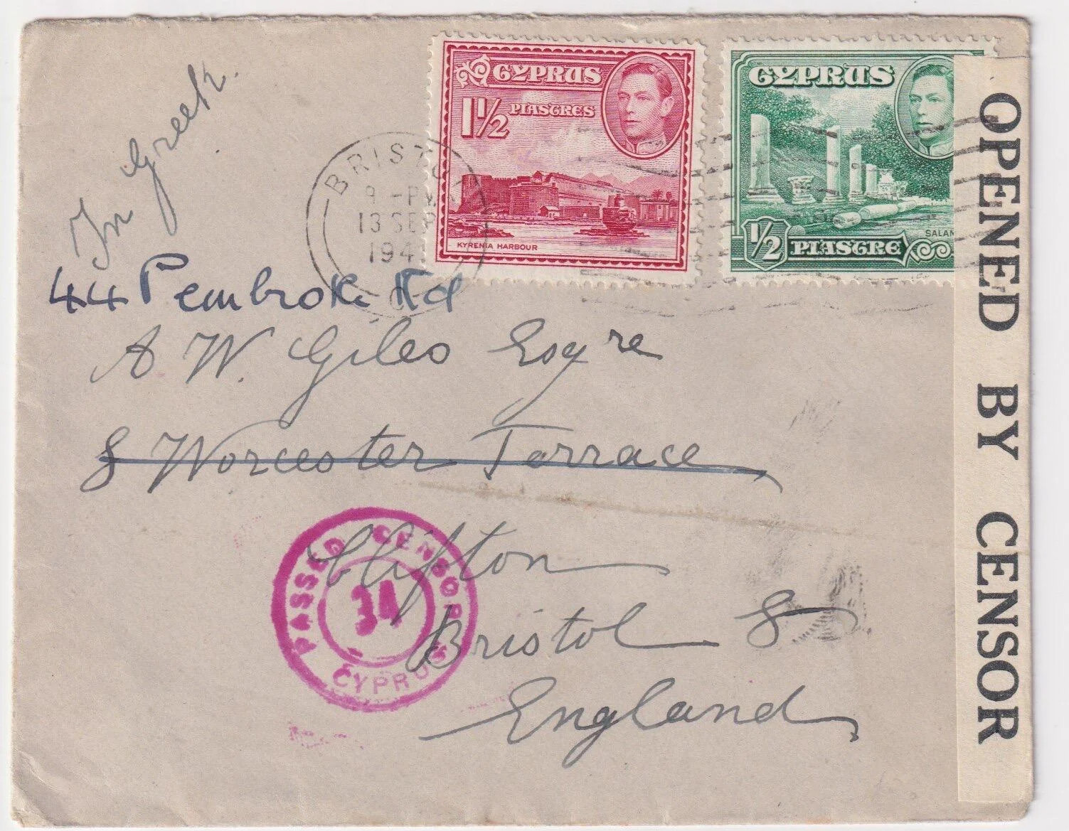 WW2 Nicosia CYPRUS Opened By censor 1941 Cover PASSED CENSOR
