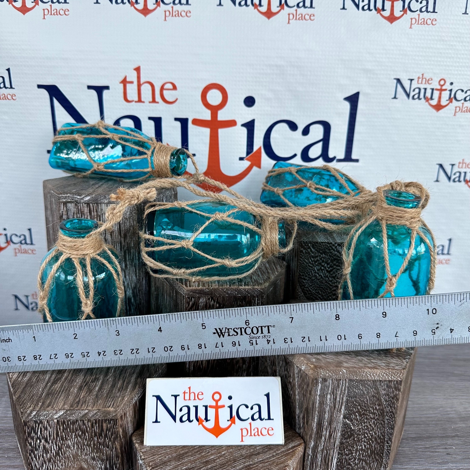 5 - Aqua Glass Bottles On Rope - Nautical Fish Net Buoy Ball Floats, Beach Decor