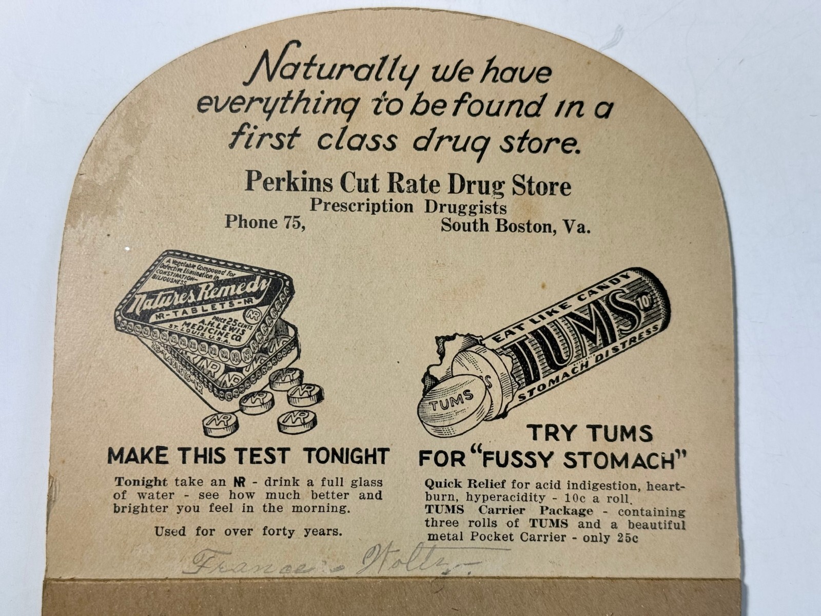 Vintage Tums and Nature's Remedy Advertising Fan. South Boston, VA