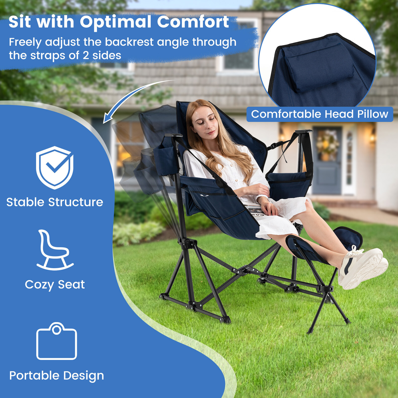 Hammock Camping Chair Swinging Camping Recliner with Retractable Footrest Navy