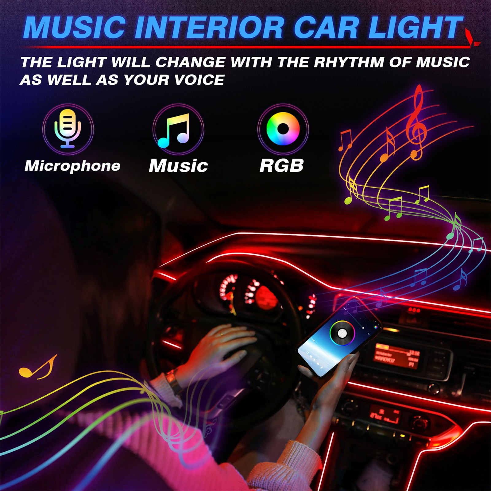 RGB 10-in-1 Interior Car LED Strip Light Neon Ambient Light Kit Fiber Optic Tube